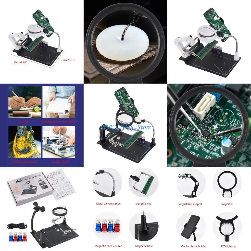 

L8RC Soldering Welding-Magnifying Glass Auxiliary-Clip Loupe-Desktop Magnifier-with 2 Light Third Hand Soldering Repair Tool