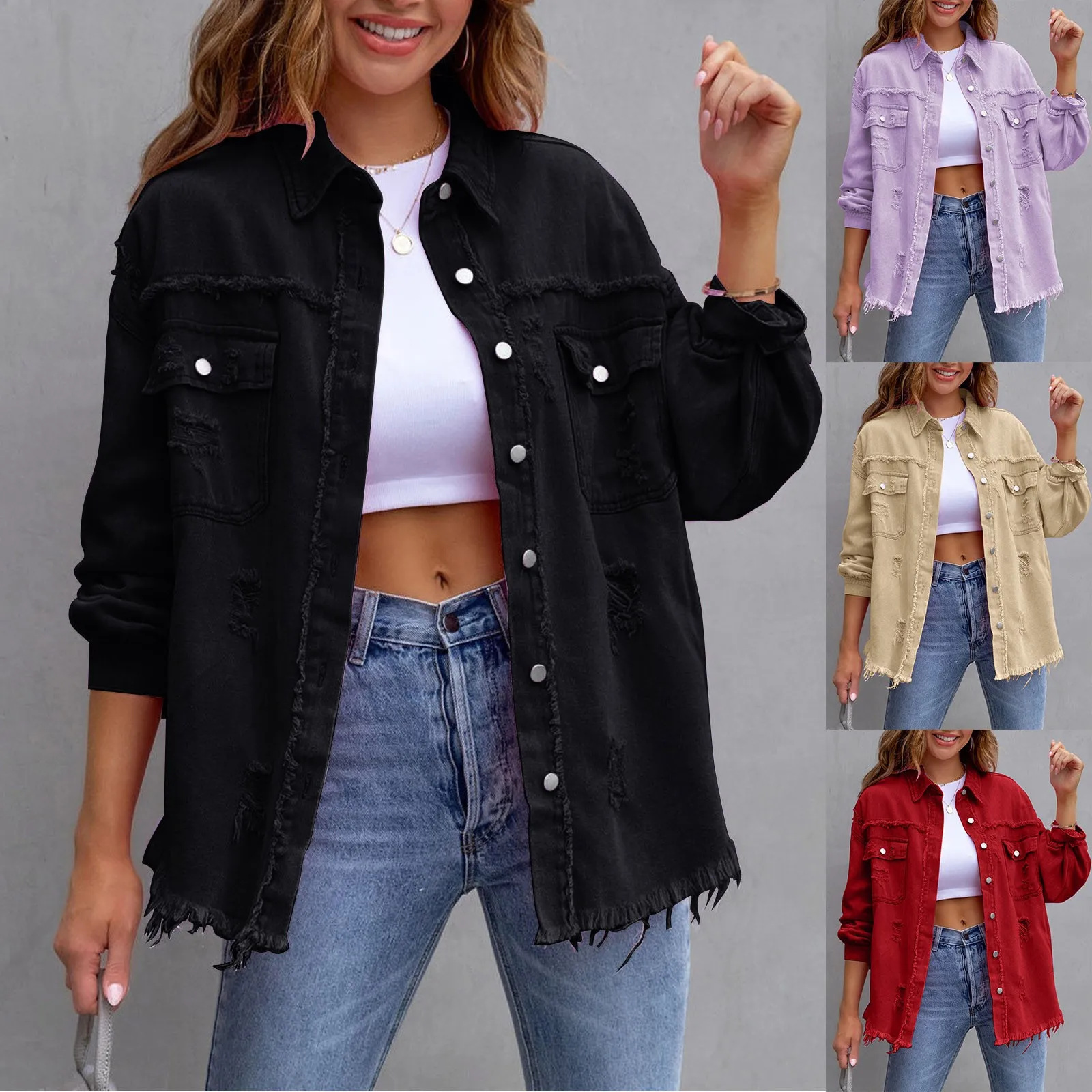 Womens Autumn Spring Oversized Denim Jacket Casual Long Boyfriend Distressed Jean Jacket Casual Women Womens Jacket Casual