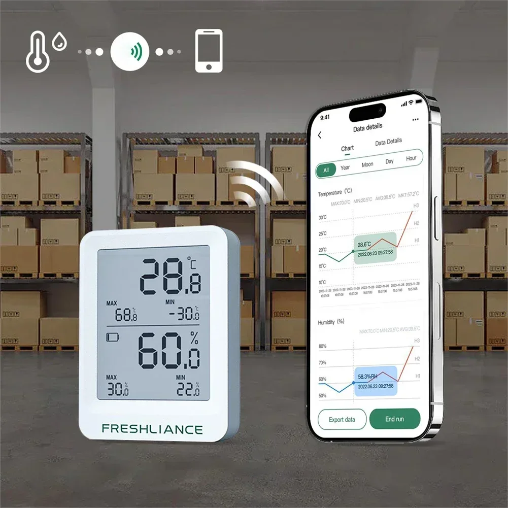 

BT Temperature Humidity Recorder Fruit Cold Storage Coldchain Transportation Temperature Logger APP Control 65000 Data Storage