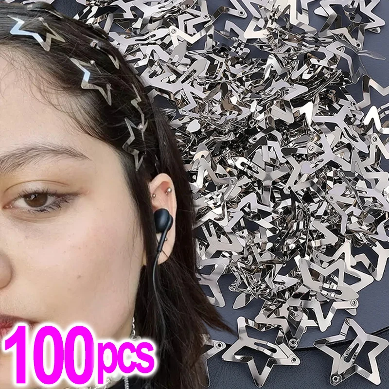 10/100pcs Y2K Silver Star Hair Clips Girls Filigree Star Metal Snap Clip Hairpins Barrettes Hair Jewelry Nickle Free Bobby Pin