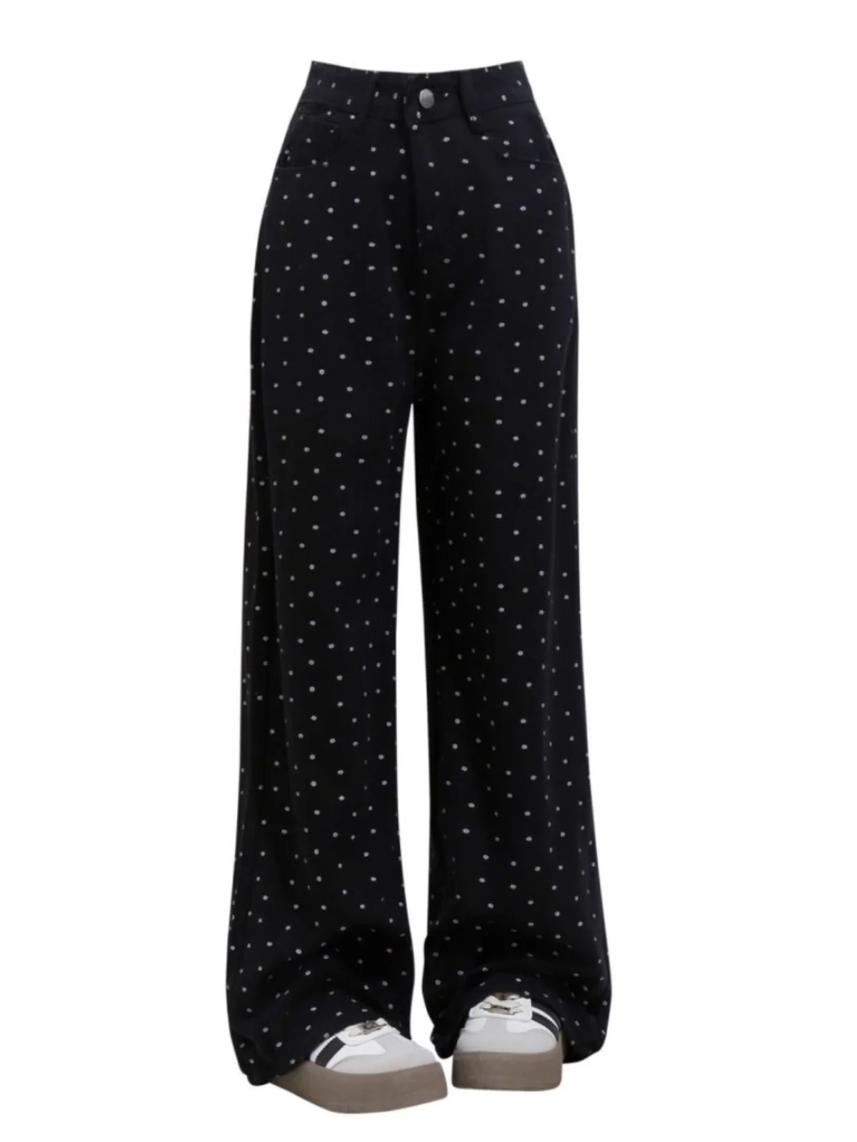 

Black Polka Dot Denim Jeans Women's Autumn Winter Loose Wide Leg Pants High Waist Long Trousers for Pear Shaped plus Size