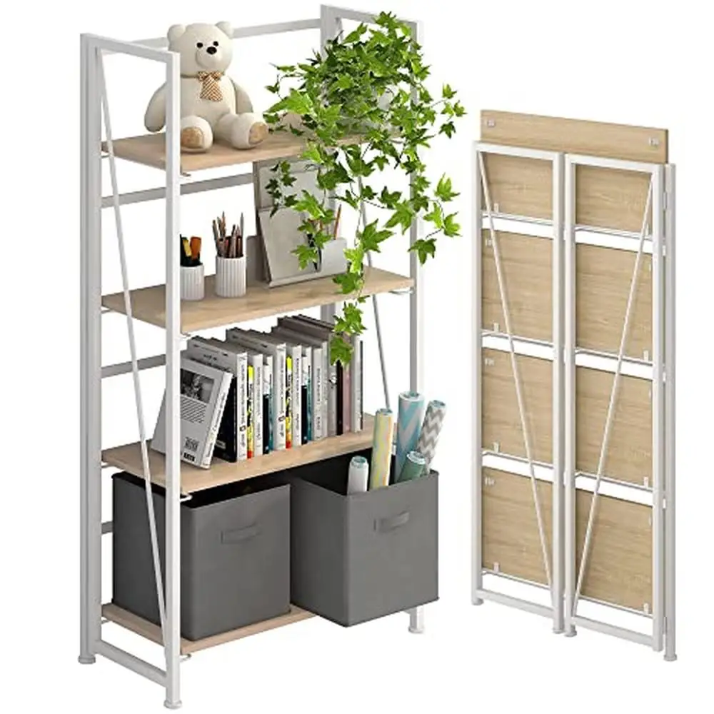 Vintage Foldable 4 Tiers Bookcase Organizer Home Office No-Assembly Standing Shelf Storage System with Adjustable Shelves