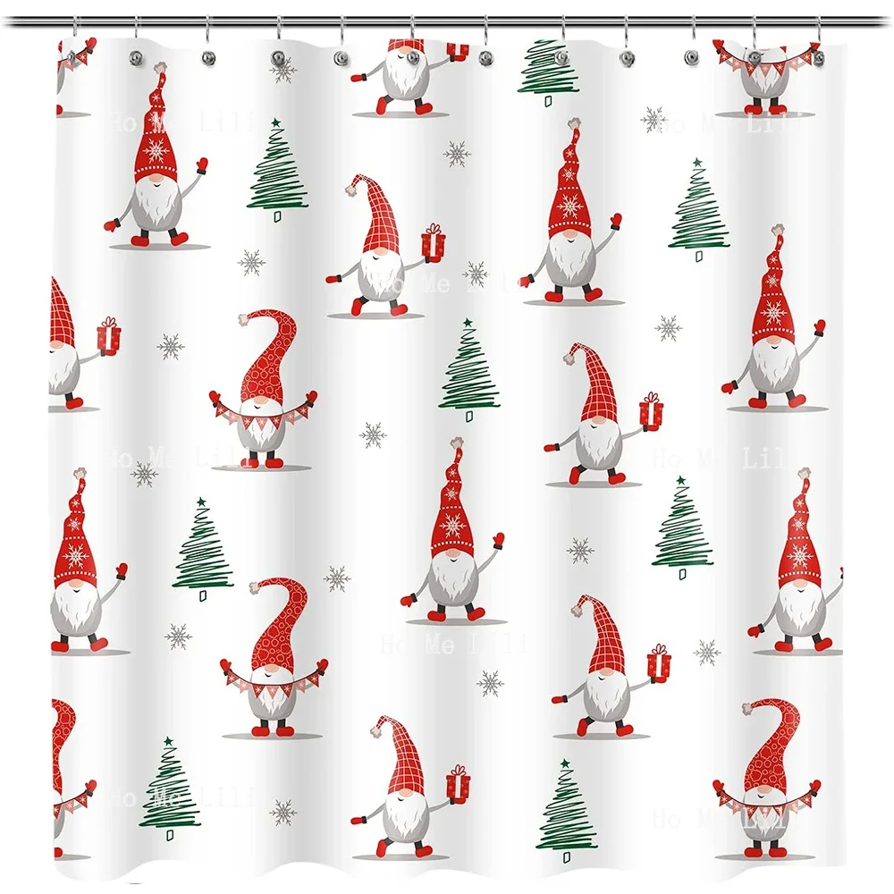 Red Gnome Elf Doll And Xmas Trees Snowflake Pattern White Red Winter Shower Curtain