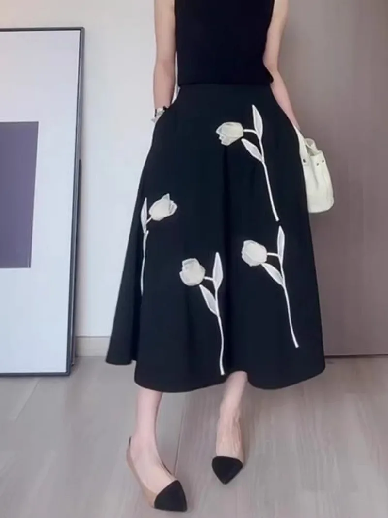 

Новая модная летняя женская юбка с цветочным принтом, элегантная повседневная тонкая свободная юбка-миди трапециевидной формы с высокой талией, вечерние женская одежда Jupe