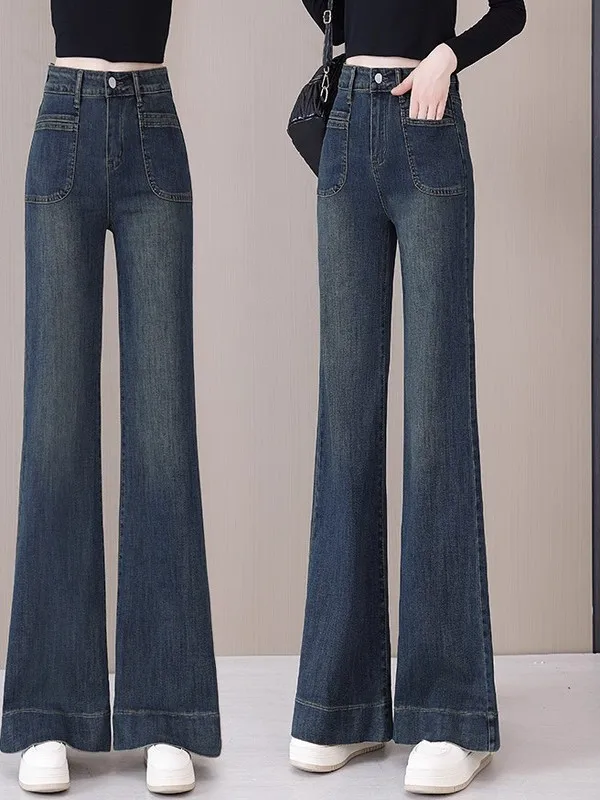 

Женские джинсы с высокой талией, широкими штанинами и микро-клешем, на флисовой подкладке, прямые длинные брюки, весна-осень, повседневные, винтажные