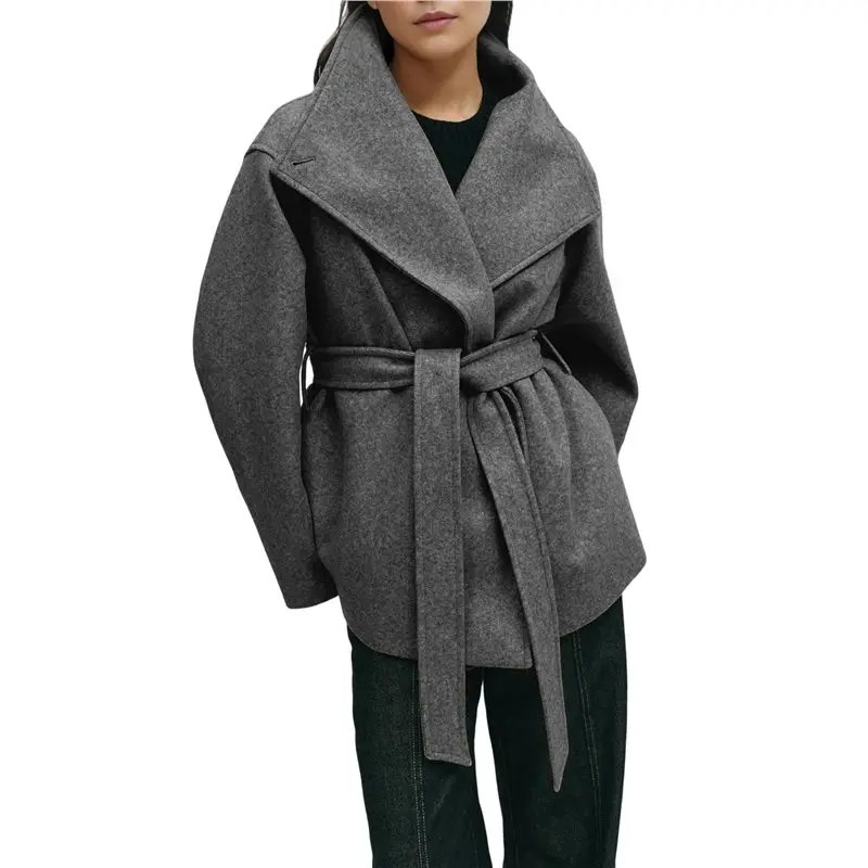 A64P-Women Blend Coat Fall Winter Oversized Lapel Shawl Collar Midi Trench Overcoat With Belt