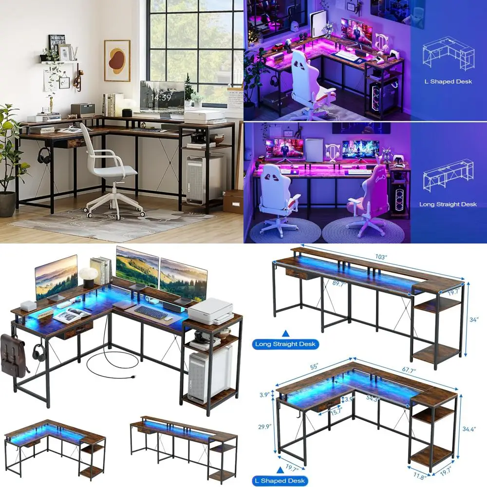 

L-Shaped Gaming Desk, 68 Computer Desk with Power Outlets and LED Lights, Home Office Table with File Drawer, Corner Table