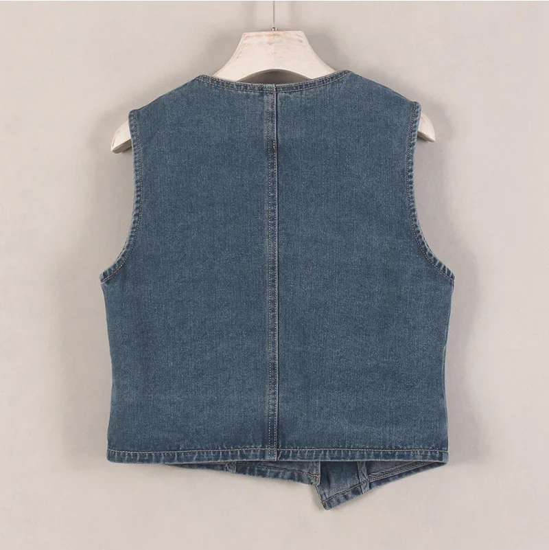 

Korean Women Dark Blue Slim Short Denim Vest Spring Summer Irregular Single-Breasted V-Neck Sleeveless Cowboy Waistcoat Female