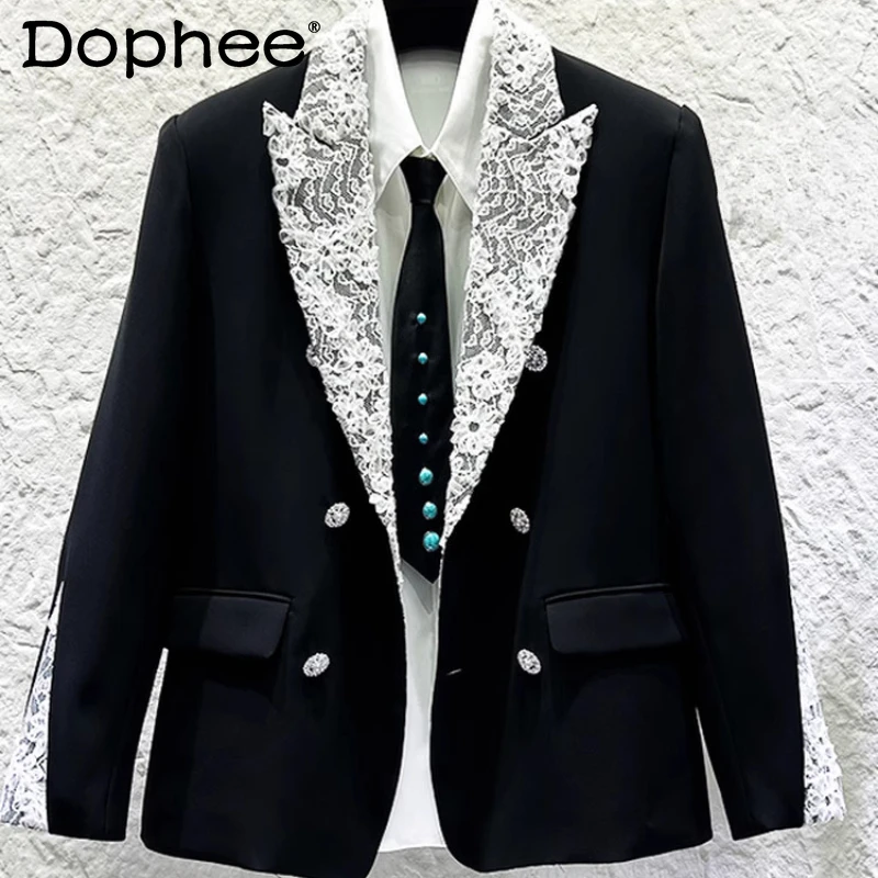 

Men's 2025 Spring Autumn New High-end Tailored Coats Lace Splicing Double-breasted Blazers Trendy Handsome Loose Suit Jackets