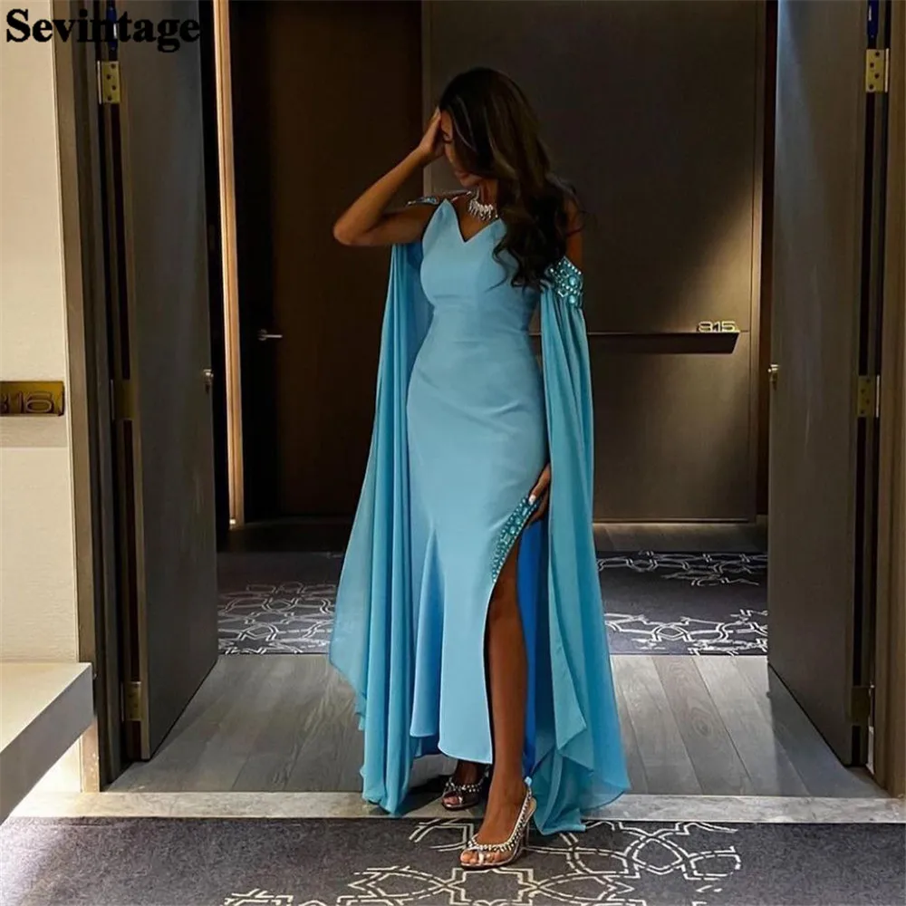 

Sevintage Modern Sky Blue Prom Dress Mermaid Off The Shoulder Long Cape Sleeves Evening Dresses vestidos para eventos especiales