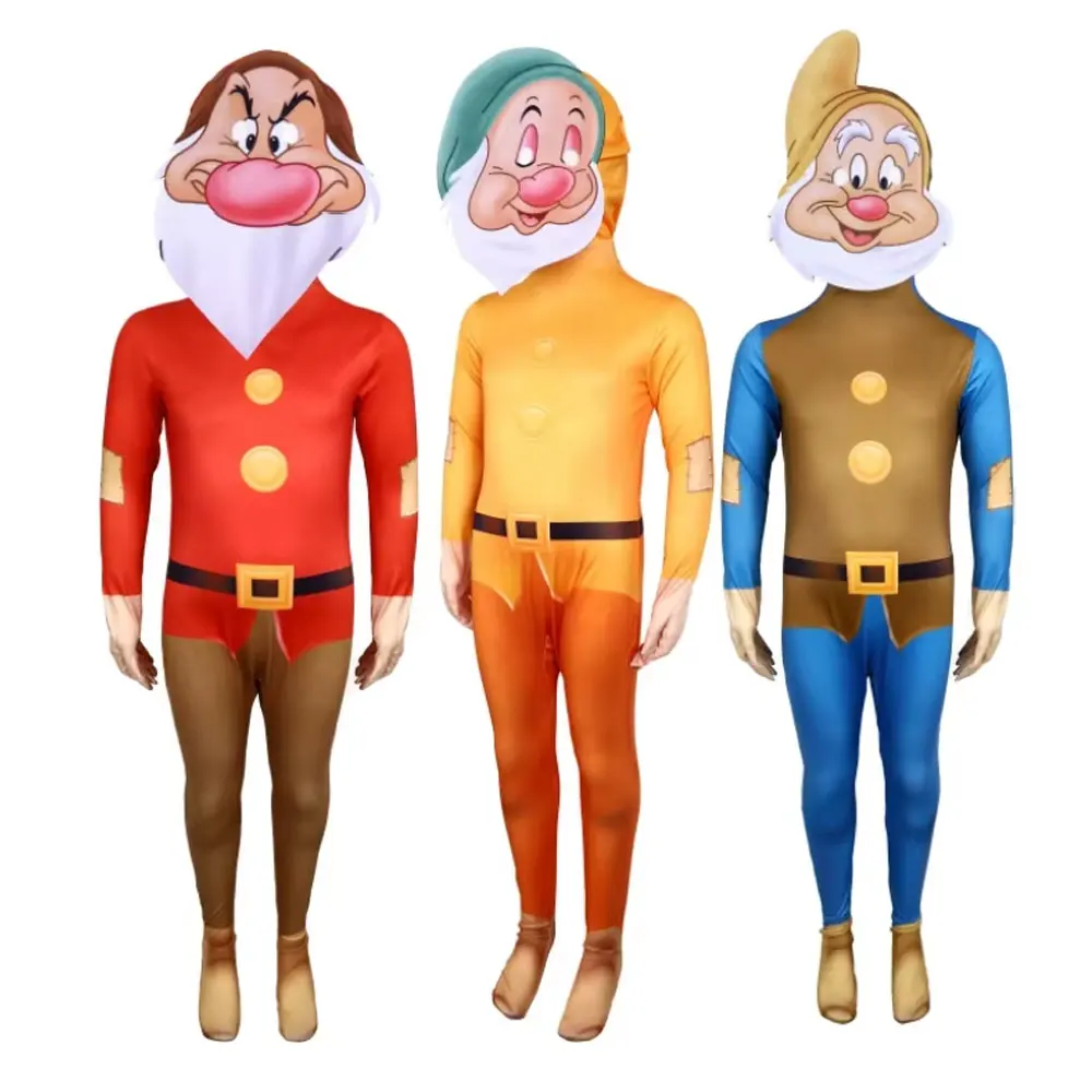 

Adult Kids Happy‌ Bashful Grumpy‌ Fairy Tale Snow White Cosplay Costume Halloween Party Jumpsuit Headgear Suit Clothes
