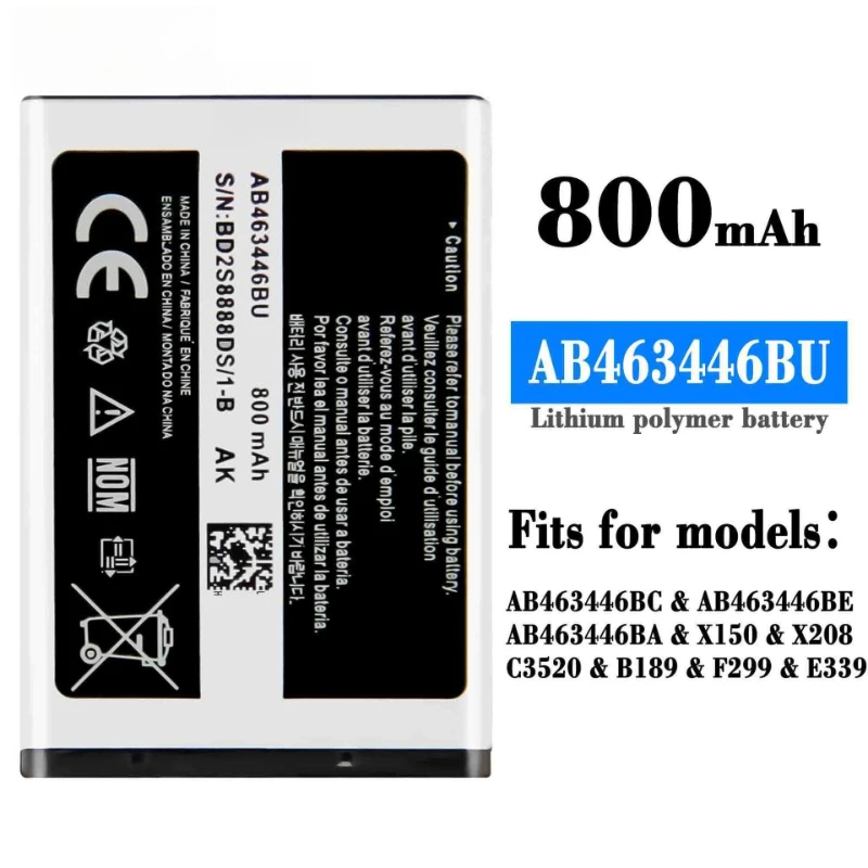 삼성 X150/X208/C3520 휴대전화 배터리용 새로운 AB463446BU 800mAh 휴대전화 배터리