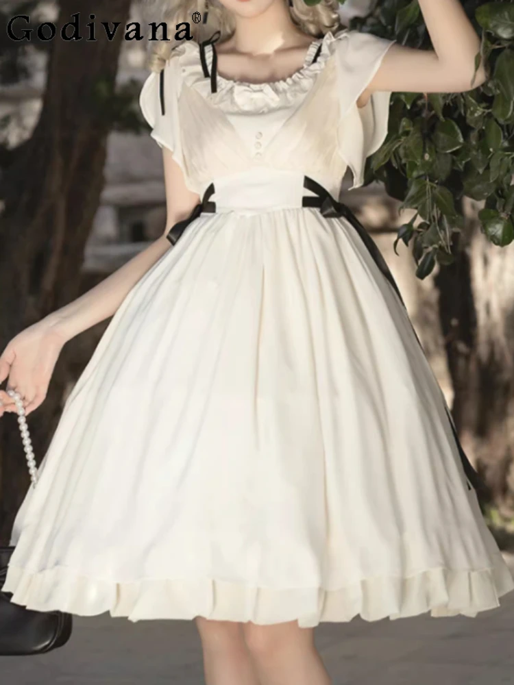 

Fashion Versatile Age Reduction Autumn Summer Lolita Girl Short Sleeve Dresses High Waist A-line Playful Lace-Up Princess Dress