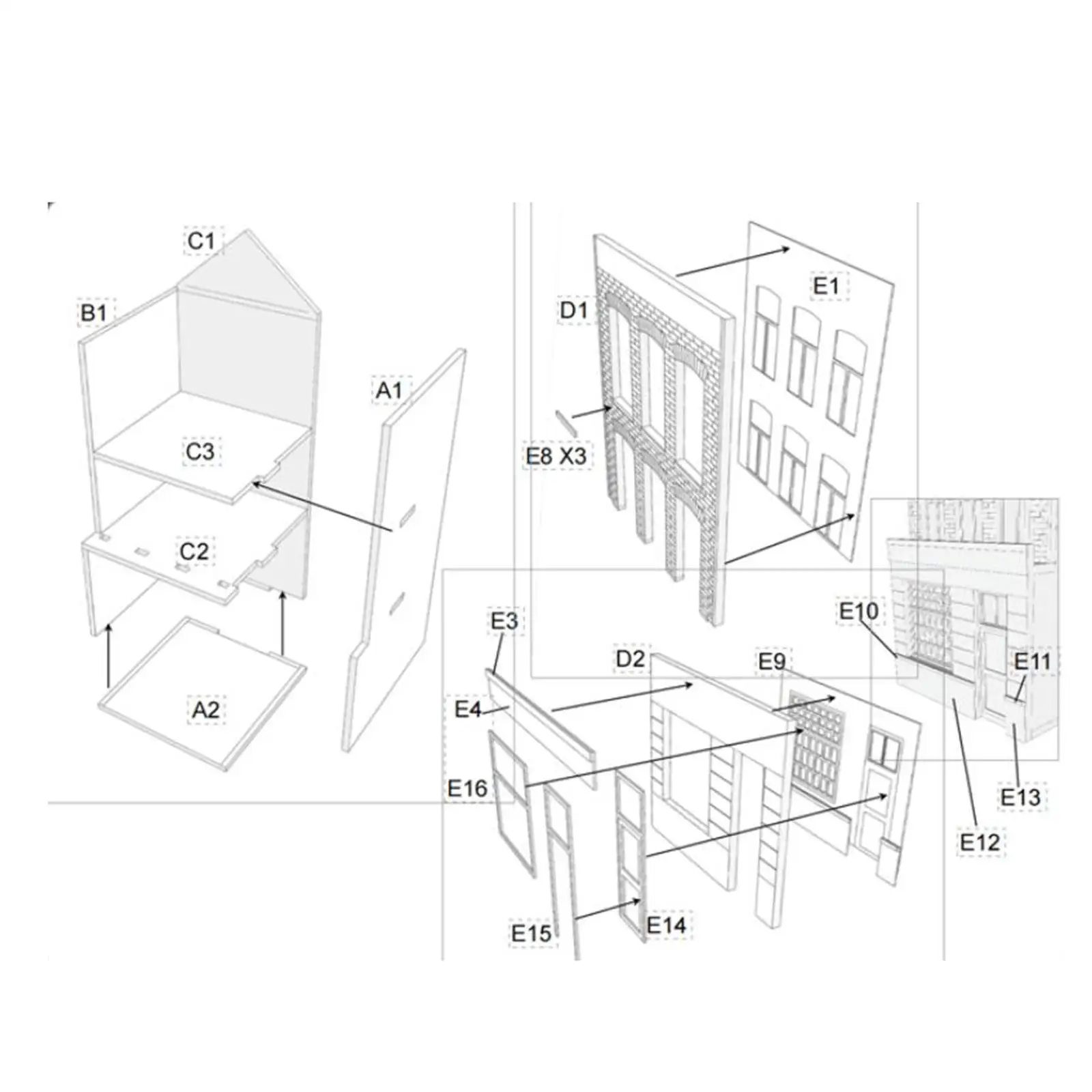 1/87 Gebäudemodellbausätze, handgefertigt für Miniatur-Szenenlayout, Sandtischdekoration