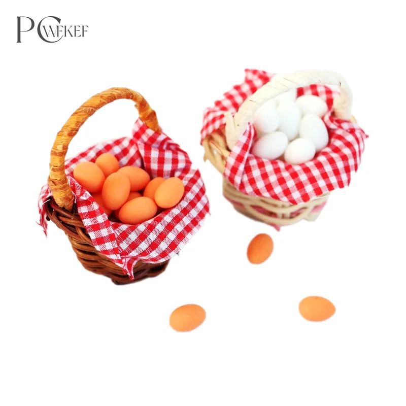 1Set 1:12 Dollhouse Miniature Egg Basket Red Plaid Duck Egg Frame Kitchen Food Model Pretend Play Toy Dollhouse Accessories