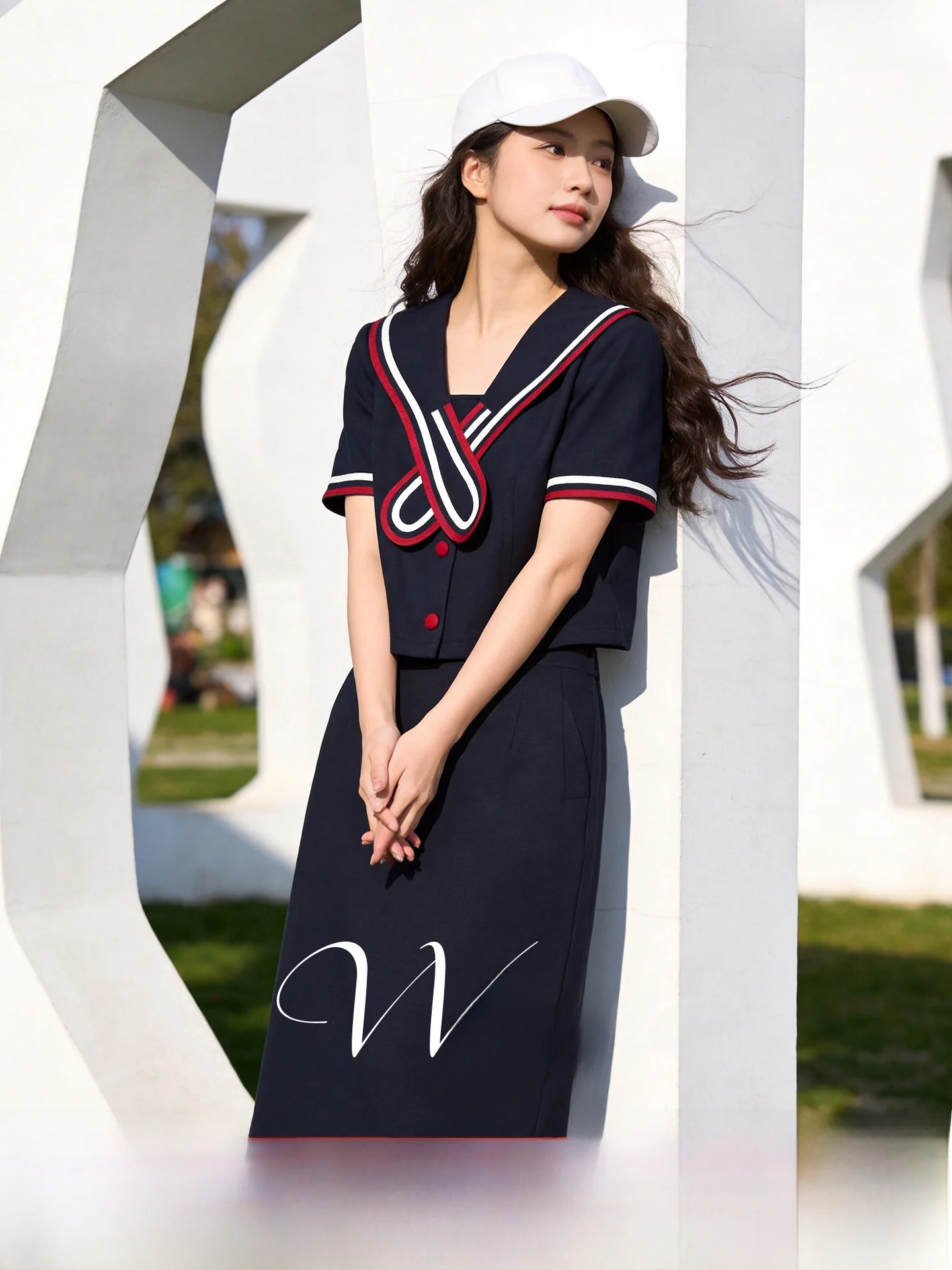 

Wuji Home Women's Fashion Summer 2026 Doll Collar College Style Age-Defying Top Half Skirt Set Casual High Waist A-Line Skirt