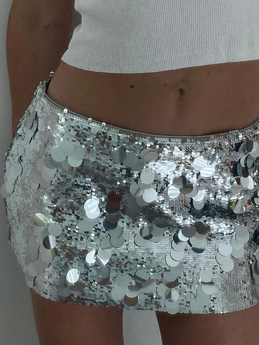 

New Fashion Womens Skirts Party Prom Wearable Sequin Skirt Silver Vintage Elastic High Waist Short Skirts Club Streetwear S M L