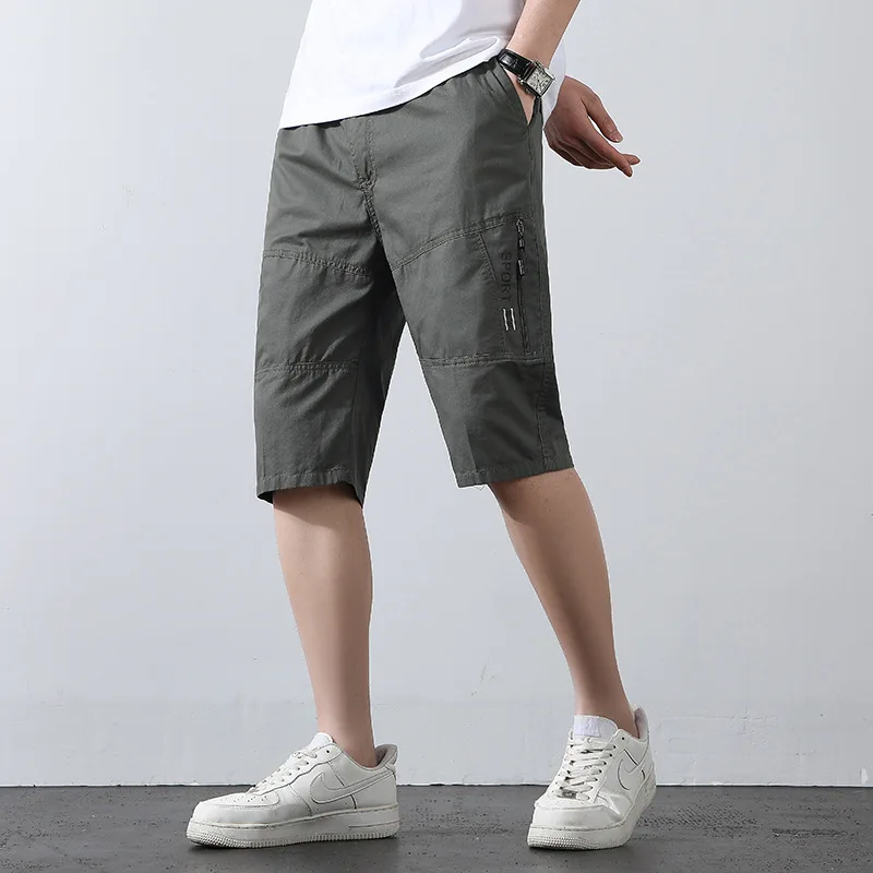 Mens Cargo Shorts Knee Pants Zipper Pocket Summer Cotton Shorts Climbing Jogger Elastic Waist Sports Wear Casual Short Pants
