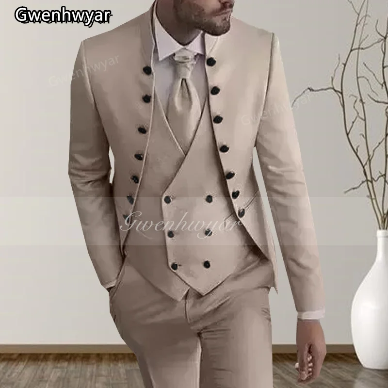 

Gwenhwyar New Arrival Beige Mens Suits for Wedding 3 Pieces Groom Blazer Double Breasted Jacket Vest Pants Formal Business Party