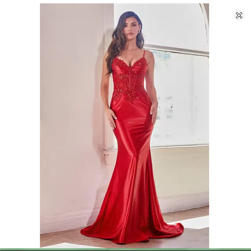 

Red Satin Evening Dress Women Floor Length Off The Shoulder Lace Sexy Tight Suspenders Formal Long Ball Gowns Pageant Dress