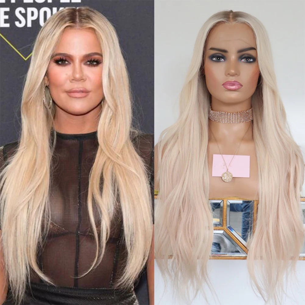 Ombre Ash Light Blonde Wig for Women Dark Rooted Loose Wave Synthetic Lace Frontal Futura Fibre for Daily Wear Party Cosplay