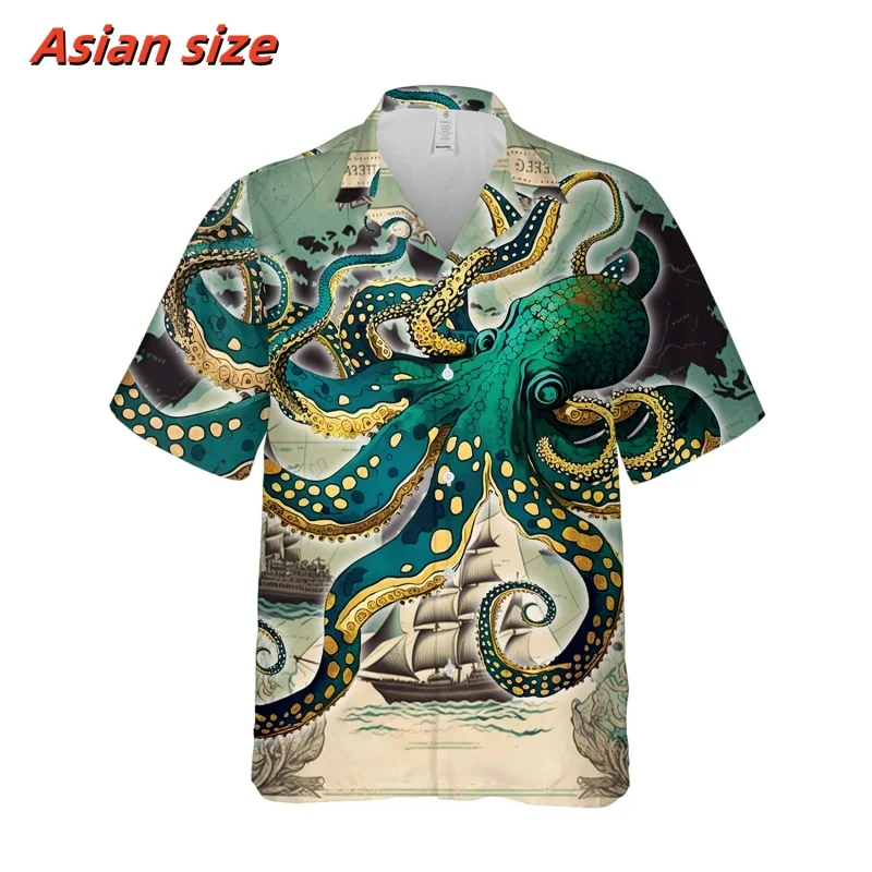 Tentacles Flower Pattern Hawaiian Shirt For Men Ship Fruit 3D Printed Blouse Summer Loose Short Sleeve Lapel Tops Aloha Shirts