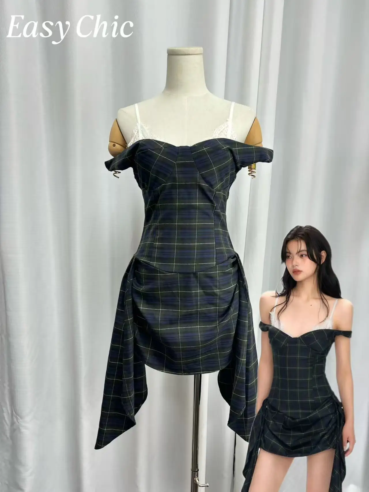 

Women's Two Piece Look Off Shoulder Plaid Dress - Y2K Vintage Corset Ruched Mini Dress with Lace Trim