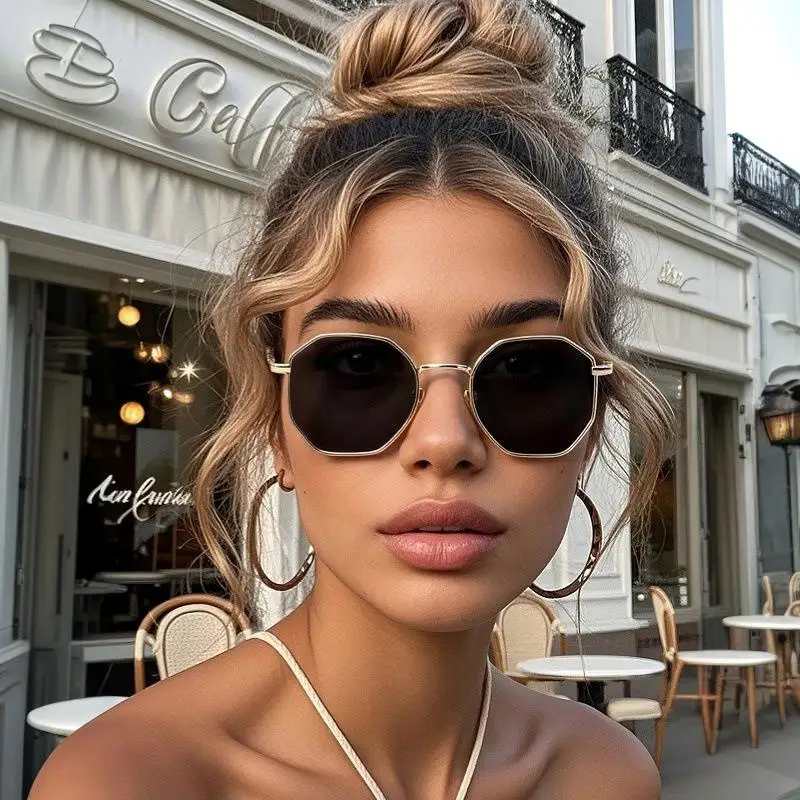 Fashion Vintage Polygon Sunglasses Women Men Luxury Metal Small Sun Glasses