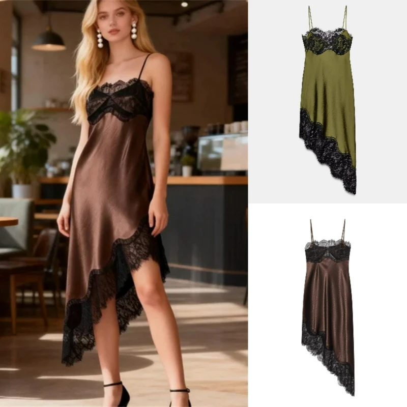 2026 Abito in pizzo asimmetrico con sensazione di raso di seta aderente sexy moda elegante nuovo arrivo primavera 2026