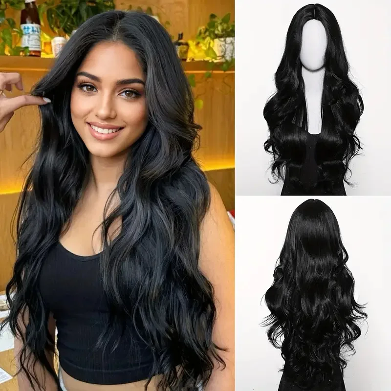 

Black synthetic wig with middle-parted long hair and big waves for party or daily use. High-temperature synthetic hair cap.