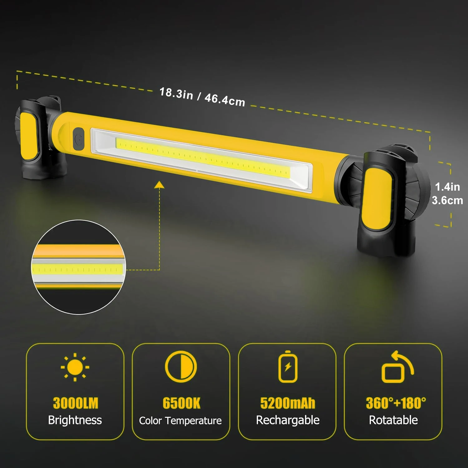 LED Magnetic Work Light Rechargeable Underhood Work Light with Hooks & Rotating Magnetic Base For  Car Repairing Emergency