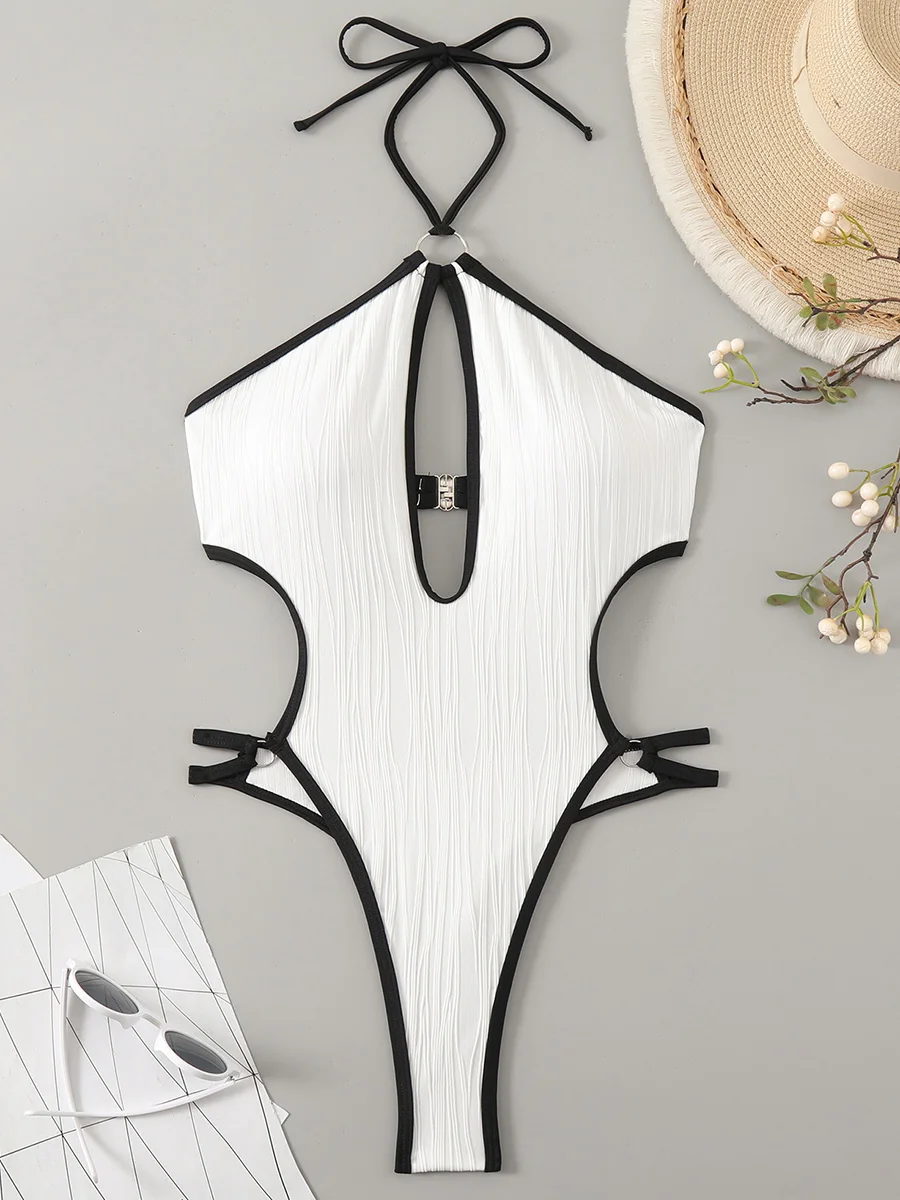 Hollow Out Wrinkled Swimsuit Backless Monokini Women Thong Swimwear One Piece Swimsuit Female High Cut Bathing Suit Beach Wear