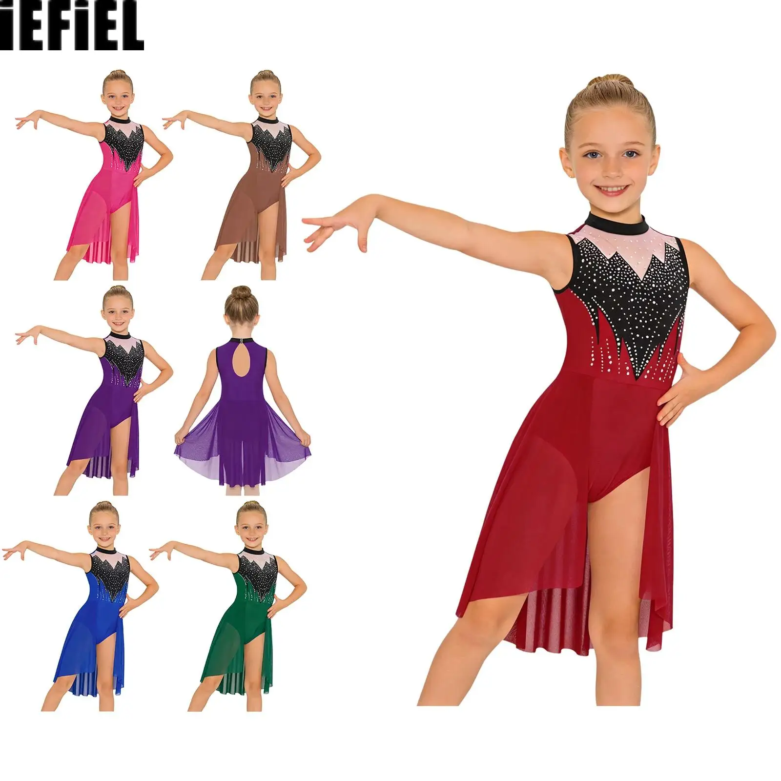 

Kids Girls Lyrical Dance Jumpsuit Patchwork Decoration Mock Neck Sleeveless Waist Mesh Overlay Crotch Press Buttons