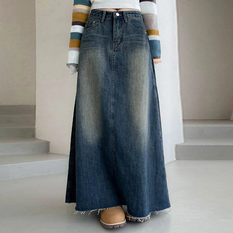 Vintage Denim Half-body Skirt Women 2024 New Washed Do Old Pockets Raw Edge Over The Knee Casual A-line Long Skirt