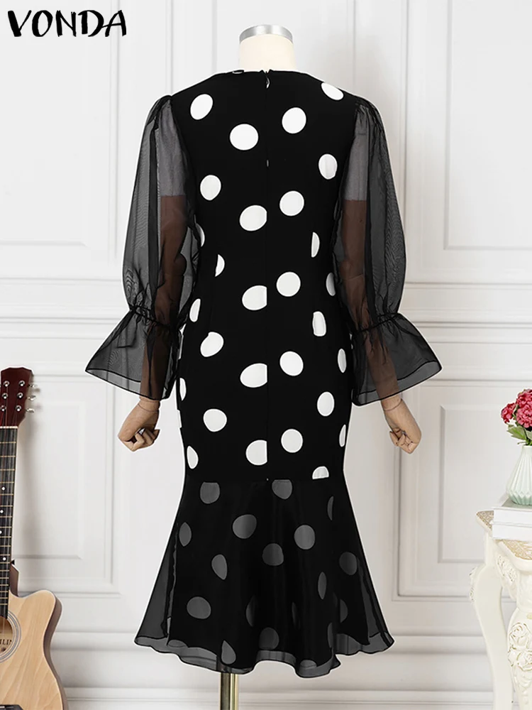 VONDA 2024 Casualพัฟแขนเสื้อRobeผู้หญิงPolka Dots MidiชุดO-คอElegant Lace Patchwork BohemianกระชับดีVestidos