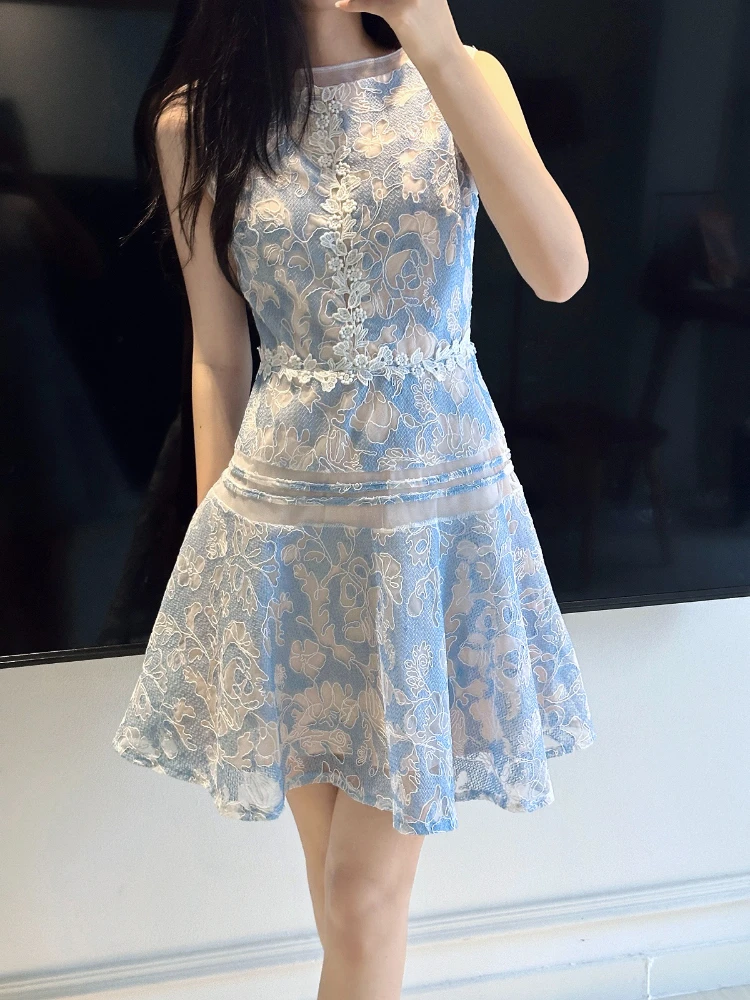 

A-line Boat Neck Embroidered Lace Mini Dress Vintage Niche Hollowed Out Mesh Sleeveless Waisted Slim Dress Summer Woman Clothing