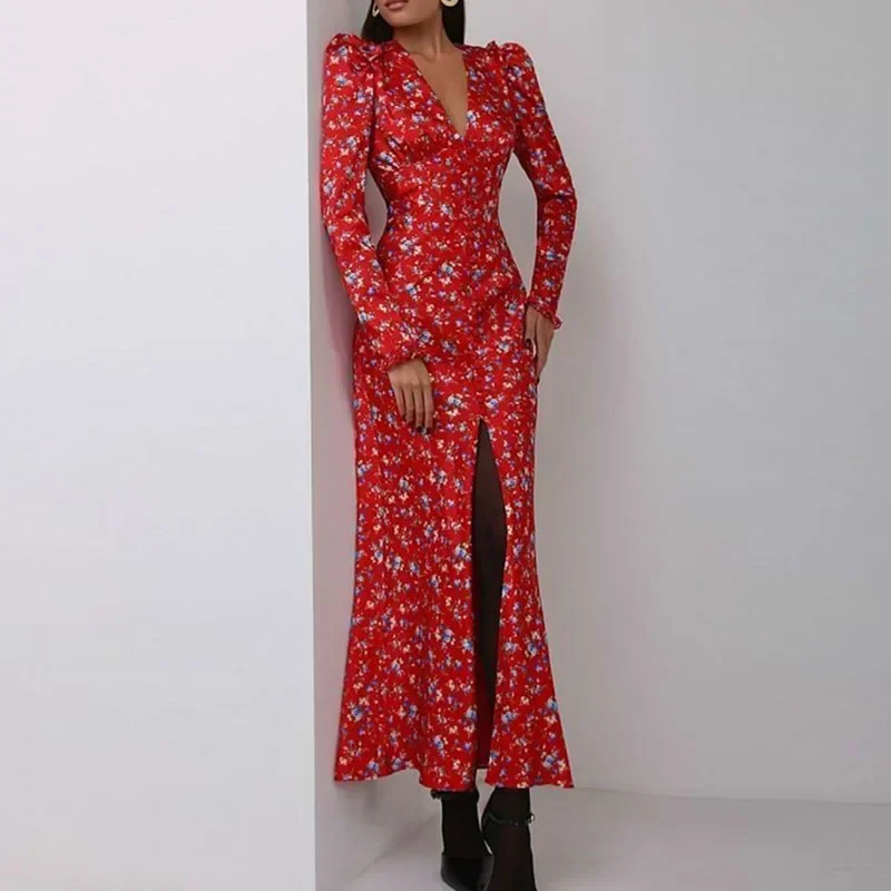 Club Fashion Long Sleeve Swing Women Dress Temperament Floral Print V-Neck Slim Dresses Sexy Bodycon High Split Party Long Dress