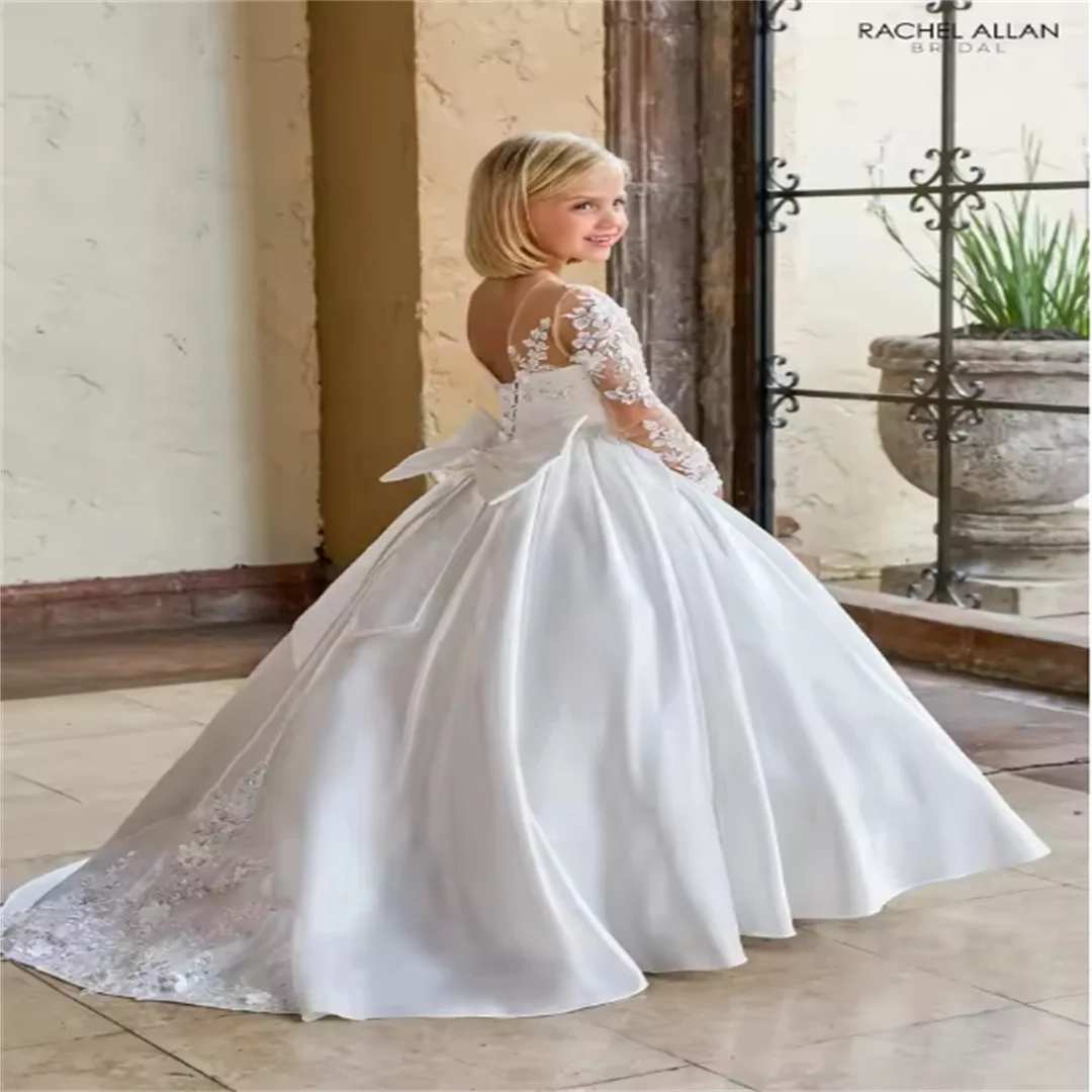 Custom Satin Children's Pageant Dress White Mesh Round Neck 3D Floral Lace Long Sleeve Princess Dress Girls First Communion