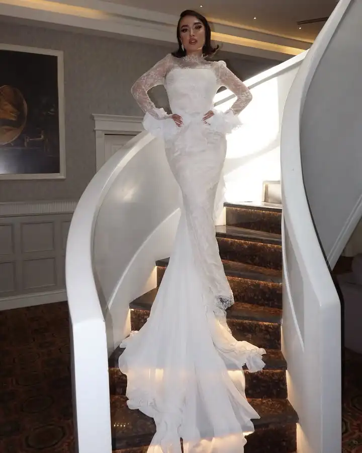 Customized Lace Weddings Dresses with Ruffles Sleeve High Collar See Thr Back Bridal Gown vestidos de novia Sweep Train