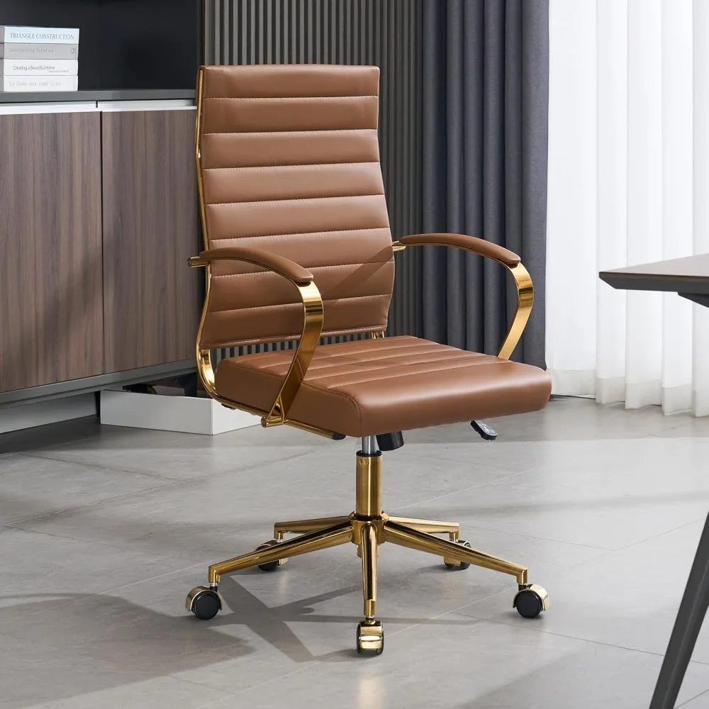

Office Desk Chair, Ergonomic Leather Modern Conference Room Chairs, Executive Ribbed Height Adjustable Swivel Rolling Golden