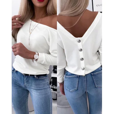 

Spring and Autumn Women's Long Sleeve T-shirt Off-shoulder Backless Fashion Pull-up Button White Top Casual Basic Pink Tees