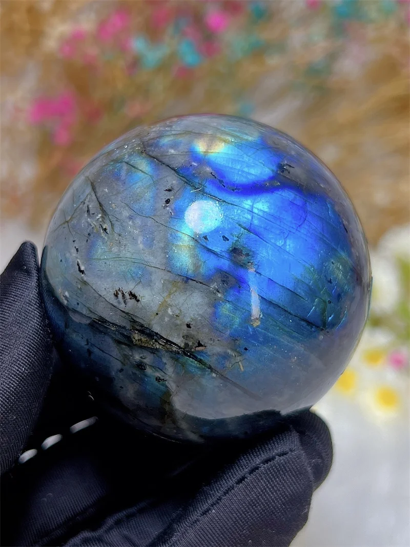 Natura Crystal Blue Labradorite SPhere With Rain Bow Free Form  Carving Reiki Healing Stone Home Decoration Exquisite Gift