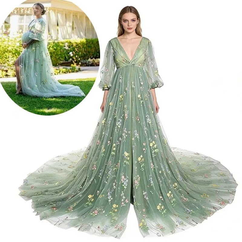 Maternity Photoshoot Dress, Embroidery Tulle Robe with Slit, Elegant Ball Gown for Baby Shower Pregnancy Formal   فساتين حوامل