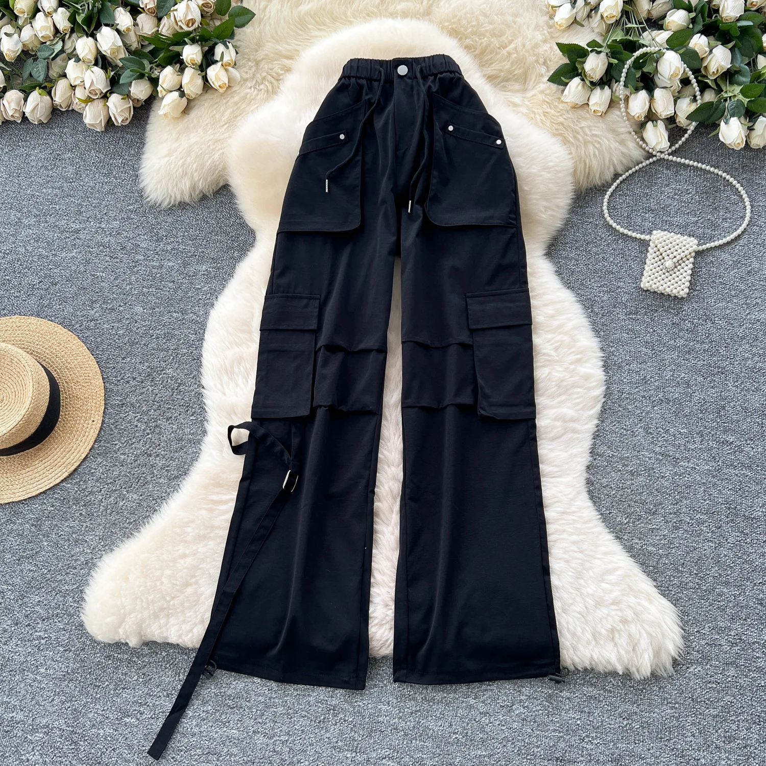 Cargo Pant Women Wide Leg Long Pants Lace Up High Waist Straight Trousers Y2k Streetwear Elegant Splice Work Casual 2025 Summer