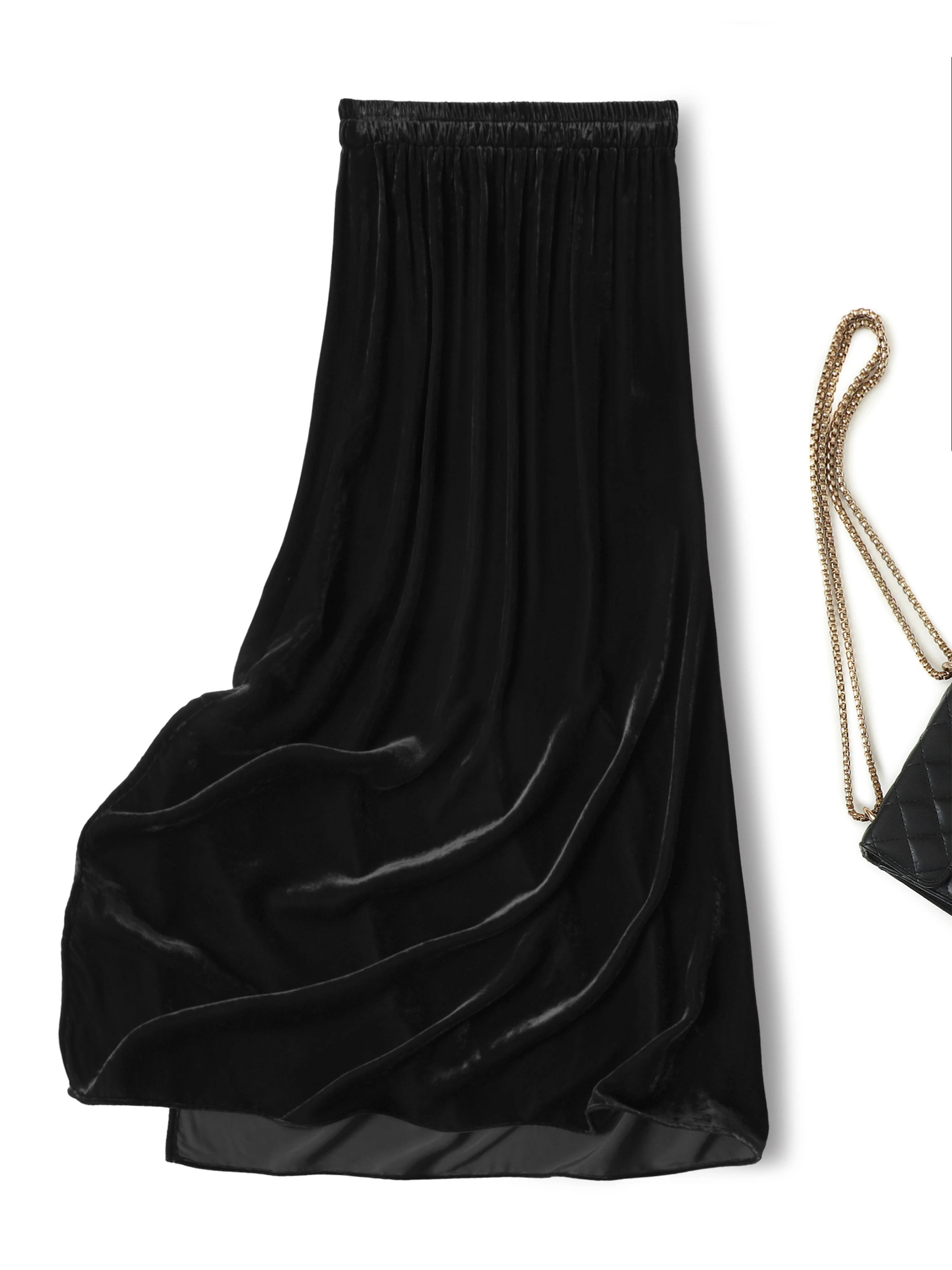 여성 패션 다목적 블랙 30% 천연 뽕나무 실크 벨벳 복고풍 통근 스타일 신축성 있는 허리 스트레이트 스텝 스커트