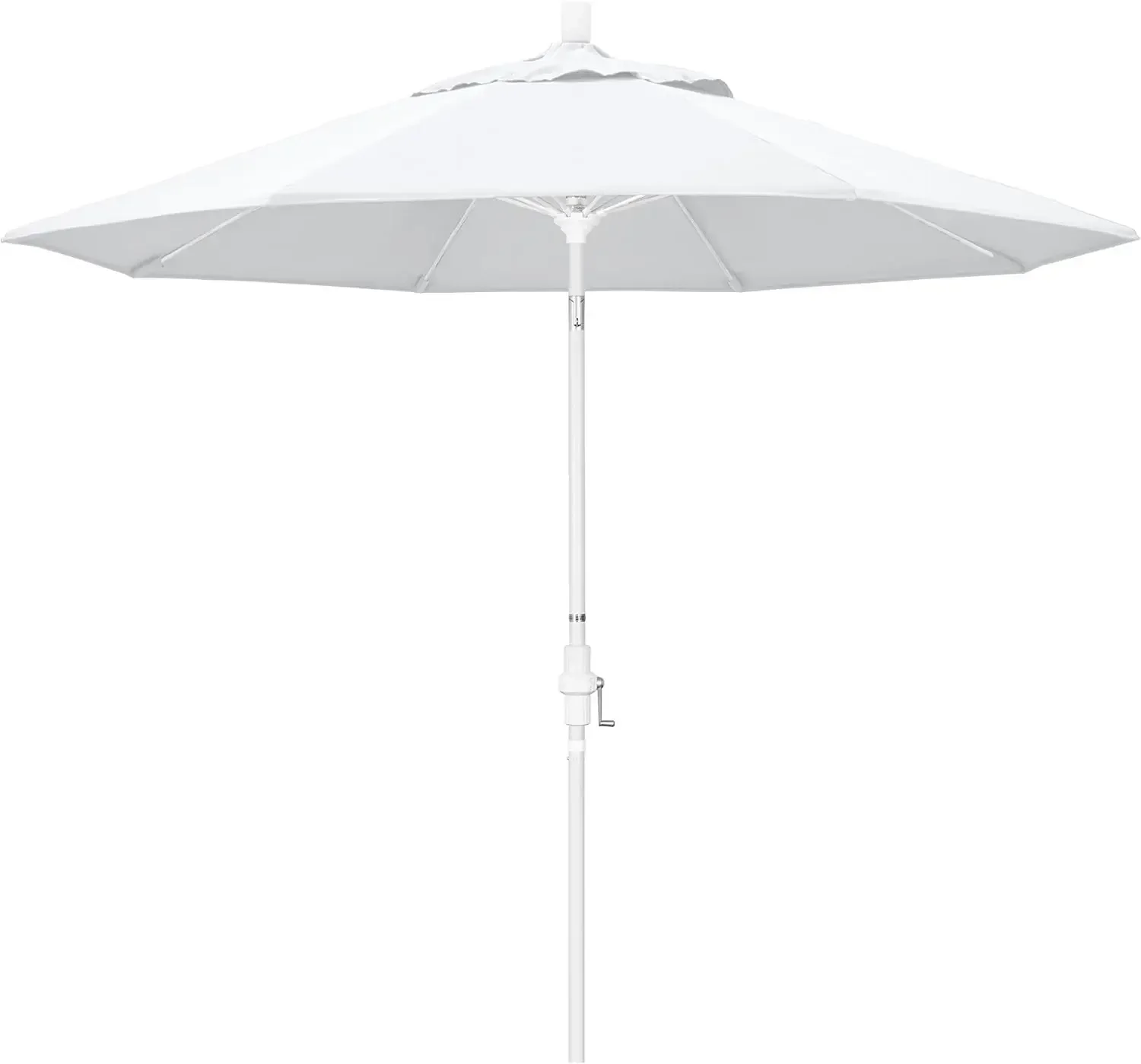 

9' Round Aluminum Pole Fiberglass Rib Market Umbrella, Crank Lift, Collar Tilt, White Pole, White Olefin
