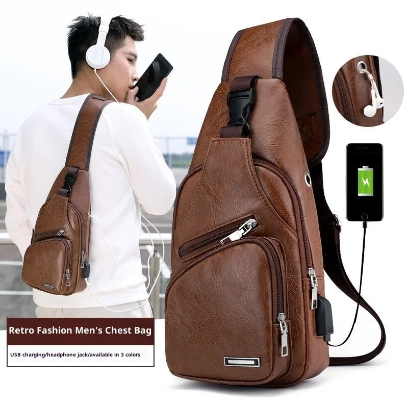 Simple and Fashionable Casual Solid Color PU Multifunctional USB Charging Zipper MEN'S Chest Bag Crossbody Bag for Commuting