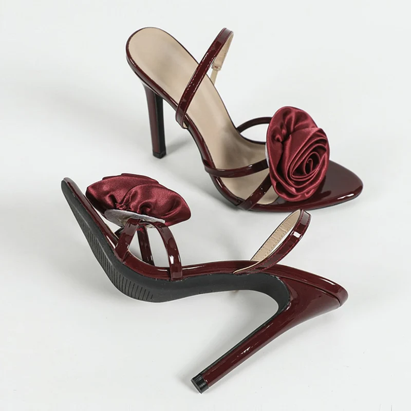Liyke Summer Fashion Silk Rose Flowers Open Toe Slip On Back Strap Sandal Women Thin High Heels Wedding Prom Shoes Zapatos Mujer