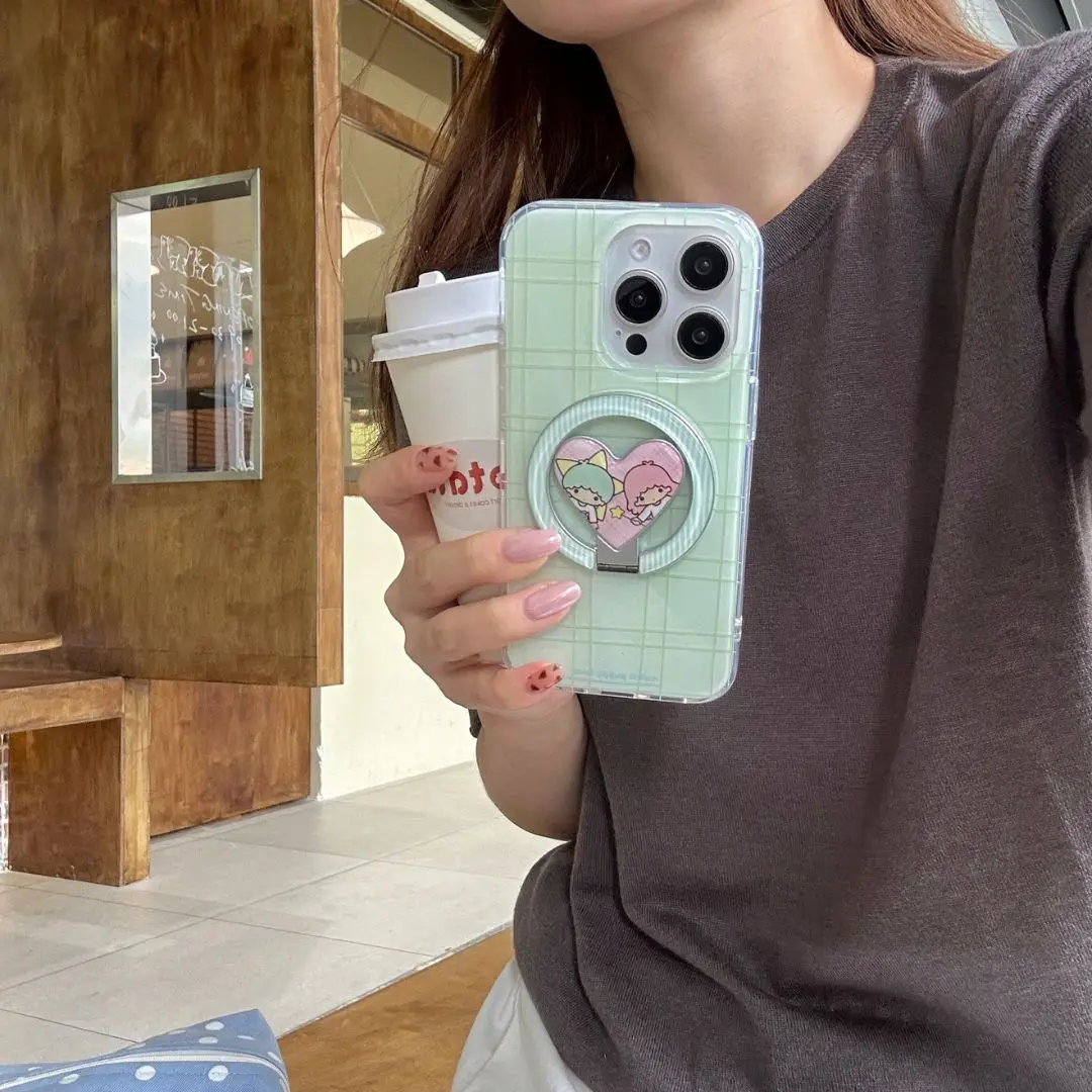 

Green Plaid Magnetic Phone Case with Gemini Holder for iPhone Series 16 15 14 13 Pro ProMax Dustproof Anti-fall