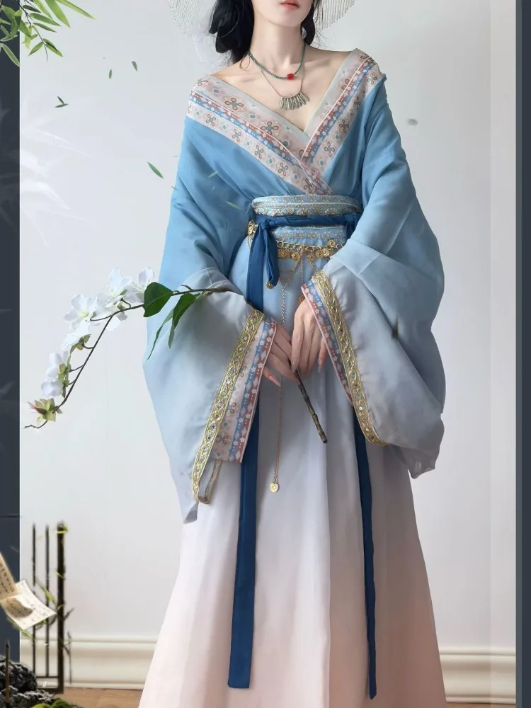 

Синее платье ханьфу в китайском стиле в стиле ретро, женская длинная юбка с традиционным принтом, комплект из 3 предметов, элегантный праздничный комплект принцессы